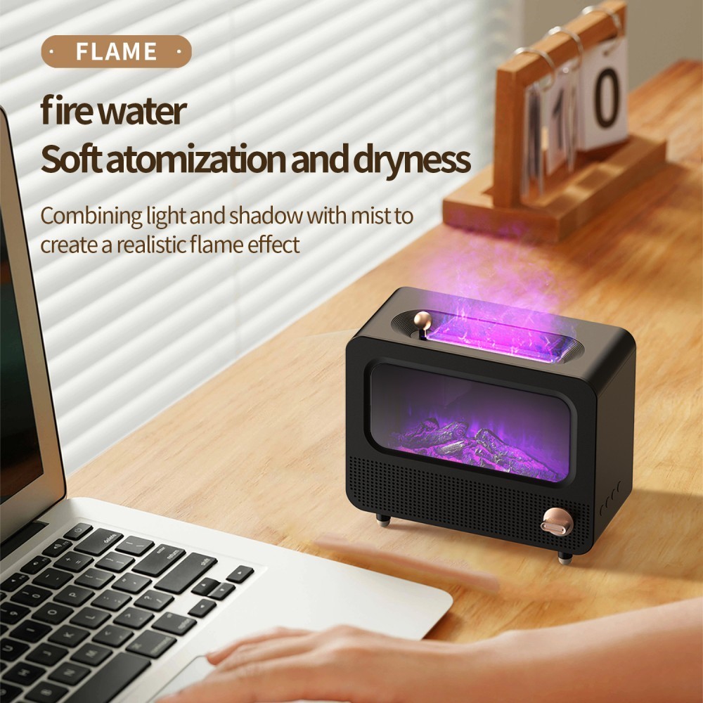 Humidificador de aire con llama de ruido blanco, chimenea Retro, Bluetooth, reproducción de música, aceite esencial, difusor de aromaterapia, iluminación colorida