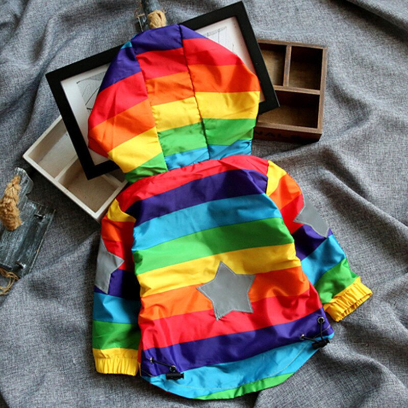 Baby Boys Girls Rainbow Coat Hooded Sun Water Proof Children's Jacket Rainbow Stripe Jacket Long Sleeves For Kids Clothes