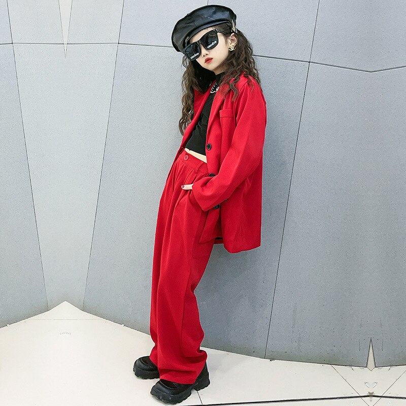 Pak Voor Meisjes Rode Losse Casual Blazer Wijde Pijpen Broek Twee Stukken Tiener Kinderen Outfits 12 13 14 Jaar Kid 'S Kostuum