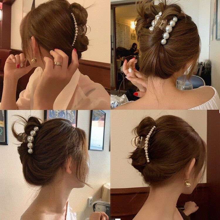 Pinza para el pelo acrílica con perlas para mujer, pinzas transparentes elegantes para el cabello, pinzas geométricas huecas simples para el baño, accesorios para el cabello