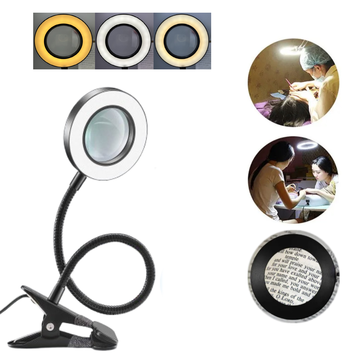10-fache Clip-an-Schreibtischlampe, LED-Lupe mit Lampe, Nagelstudio, Sticklampe, tragbare Augenschutzlampe, Schwarz, Weiß, Silber
