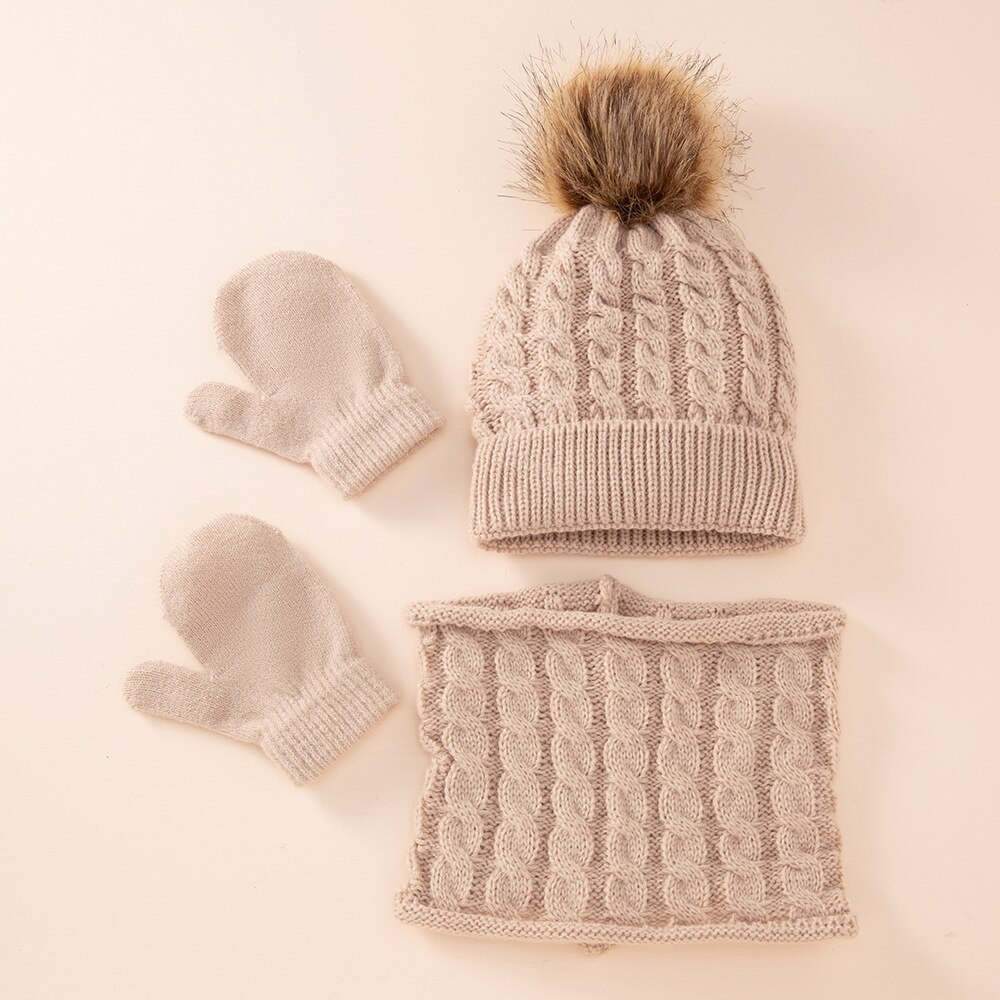 Gorros de lana para niños de 0 a 3 años, gorros de bola de lana de color puro, sombreros, bufandas y guantes cálidos para niños, conjunto de gorros para bebés: B2