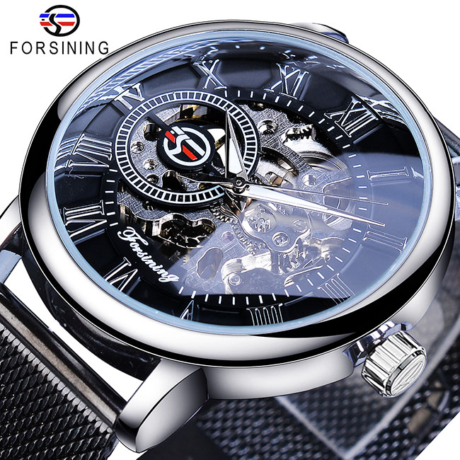 Forsining 3D squelette Royal rétro noir cadran doré montre mécanique bleu maille acier inoxydable bracelet lumineux montre-bracelet: GMT104010