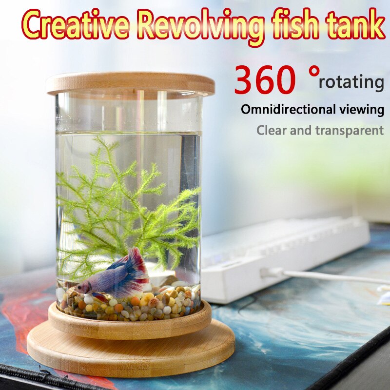 Viskom van massief hout, kan 360 graden draaien, klein aquarium, goudvis, betta, aquariumdecoratie