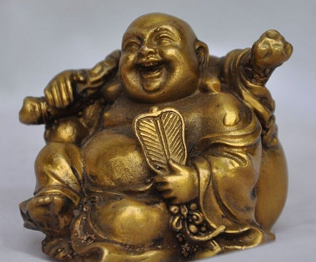 Gratis Chinese Boeddhisme Brons Messing Gelukkig lachen Maitreya Boeddha Kalebas Standbeeld Rijkdom snelle
