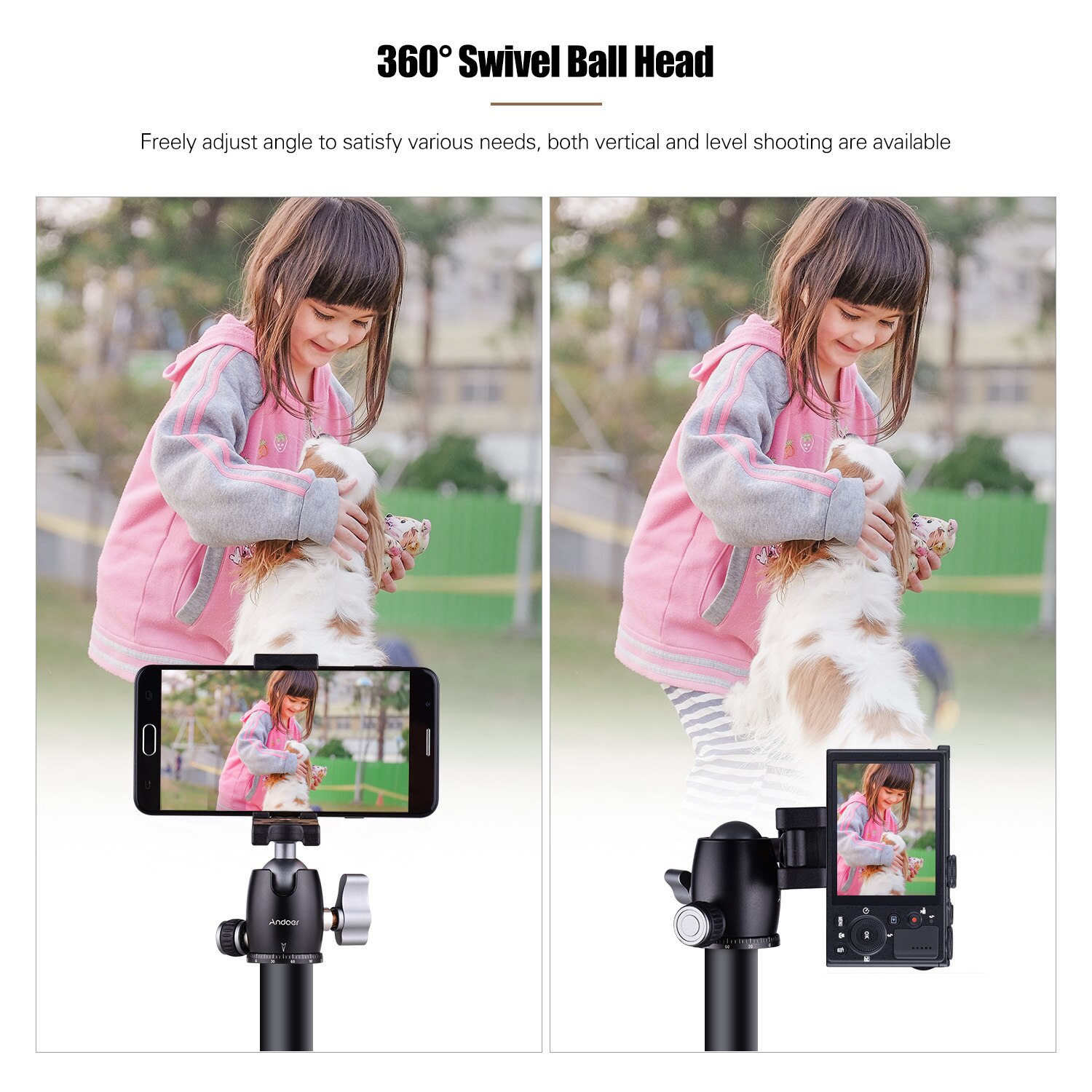 Andoer Statief Camera Ball Head 360 ° Swivel Roterende Met Telefoon Klem 1/4 Schroef 3/8 Montage Voor Camera Smartphones Bal hoofd