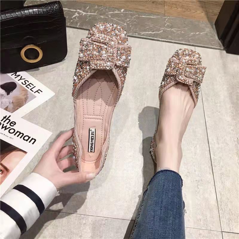 Women Ballet Flats 2022 Bling Crystal Diamond Dress Ladies Bow Sequins Single Shoes Rhinestone Glitter Square Toe Plus Size 43: Pink / 35