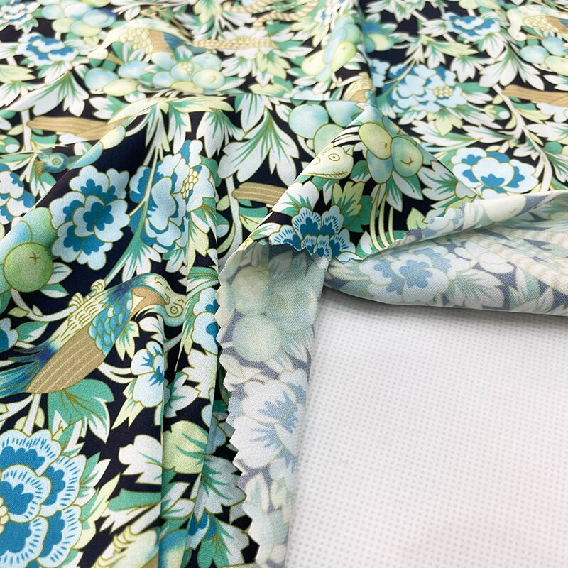 European and American Brand Summer Retro Green Flower - Bird Pattern Satin Fabric