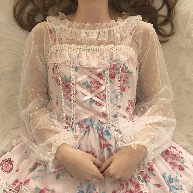 Blanco negro Top Lolita mujeres encaje de volantes Base de malla camisa de manga larga de las niñas traje de Kawaii japonés estilo ropa femenina