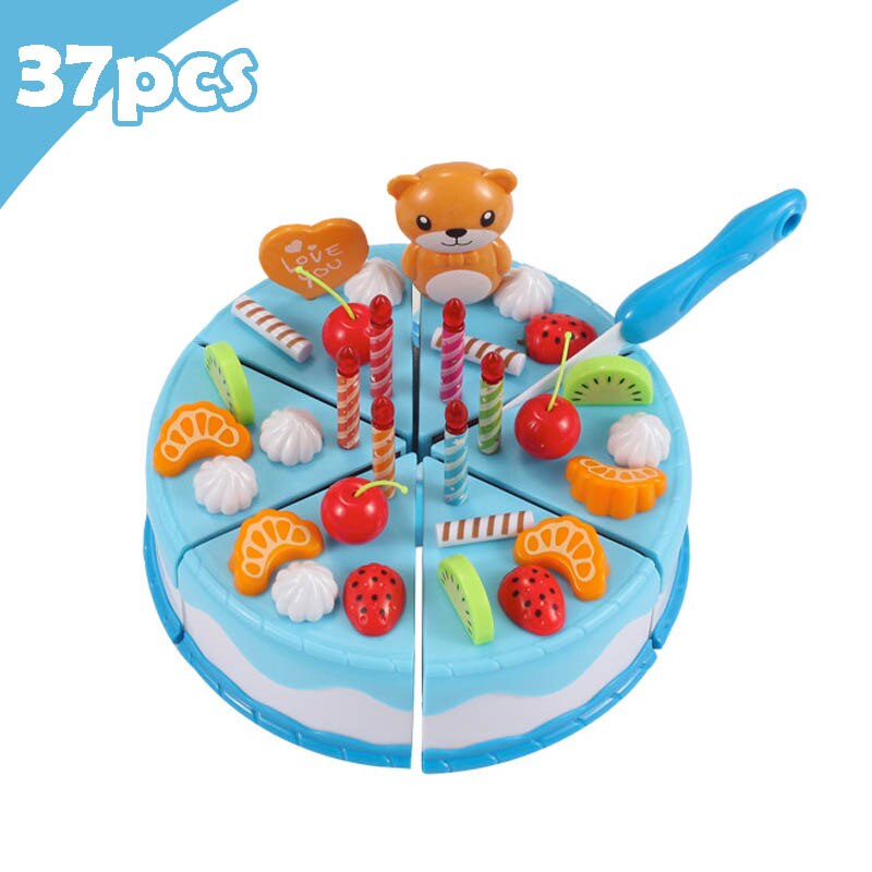 Neueste DIY Pretend Spielen Obst Schneiden Geburtstag Kuchen Küche Lebensmittel Spielzeug Cocina De Juguete Spielzeug Rosa Blau Mädchen für kinder: 37Pcs Blue