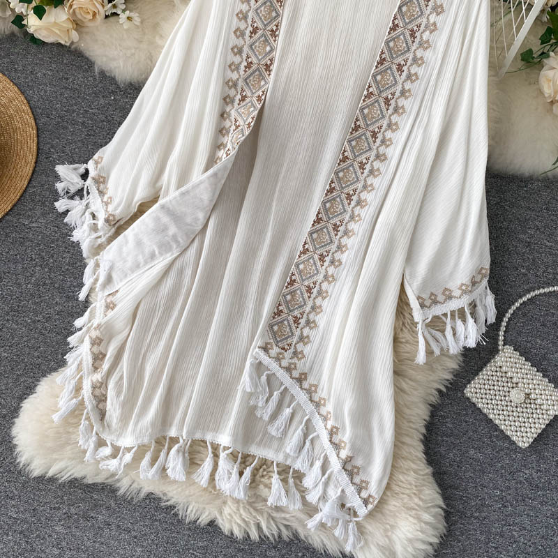 Teelynn Wit Katoen Etnische Borduren Kimono Robe Vrouw Lange Blouse Vest Ssummer Boho Strand Tassle Bohemian Bikini Cover Up