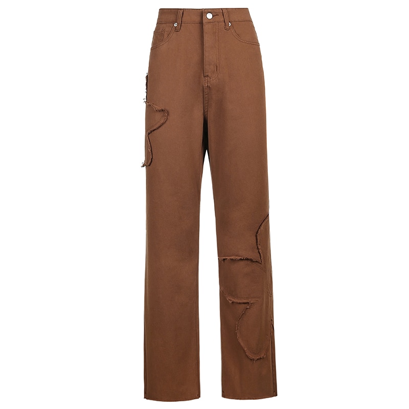 Rapcopter Brown Floral Jeans Y2K Retro Denim Pants Baggy Straight Cargo Pants Women Popular Trousers 90S Harajuku Joggers: L