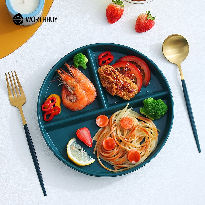 WORTHBUY Compartment Plate For Food Round Plastic Dinner Plates Kitchen Divided Plate Fruit Salad Plate Food Tray Dinnerware