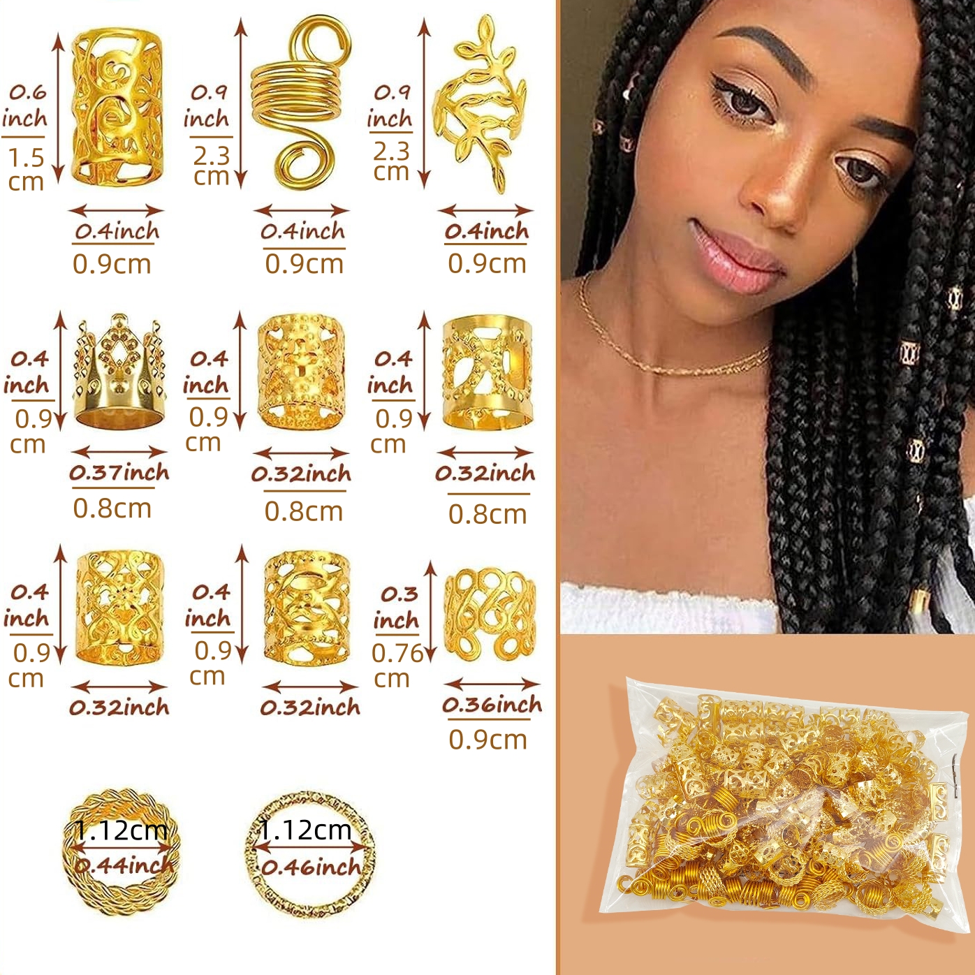 220 peças acessórios de cabelo dourados, joias loc para tranças, joias de cabelo femininas, punho de anel de cabelo de metal para dreadlocks acc