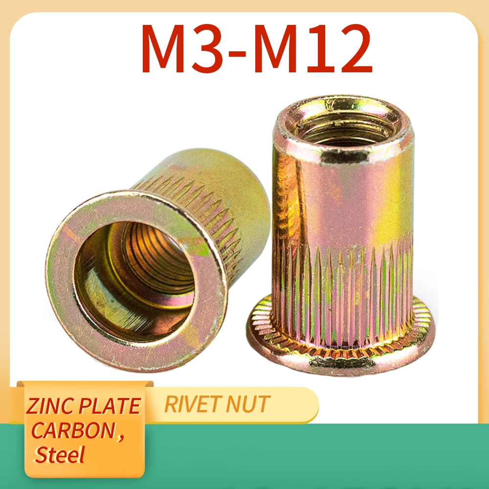 10/20/30/50Pcs M3 M4 M5 M6 M8 M10 M12 Zinc Plated Carbon Steel Rivnut Flat Head Threaded Rivet Insert Nutsert Cap Rivet Nut
