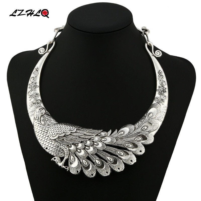 Lzhlq mærke retro udskåret påfuglekrave choker statement halskæde kvinder zink legering halskæder trendy krave collier