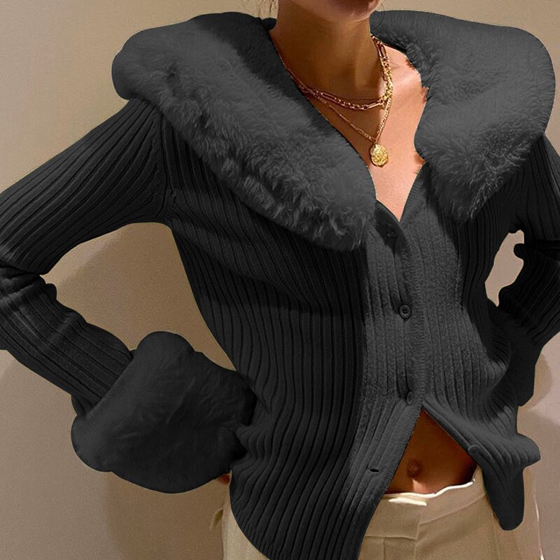Kvinder cardigan trøjer hvid pels trim krave casual streetwear  y2k korte strik toppe varme vinter sweater toppe