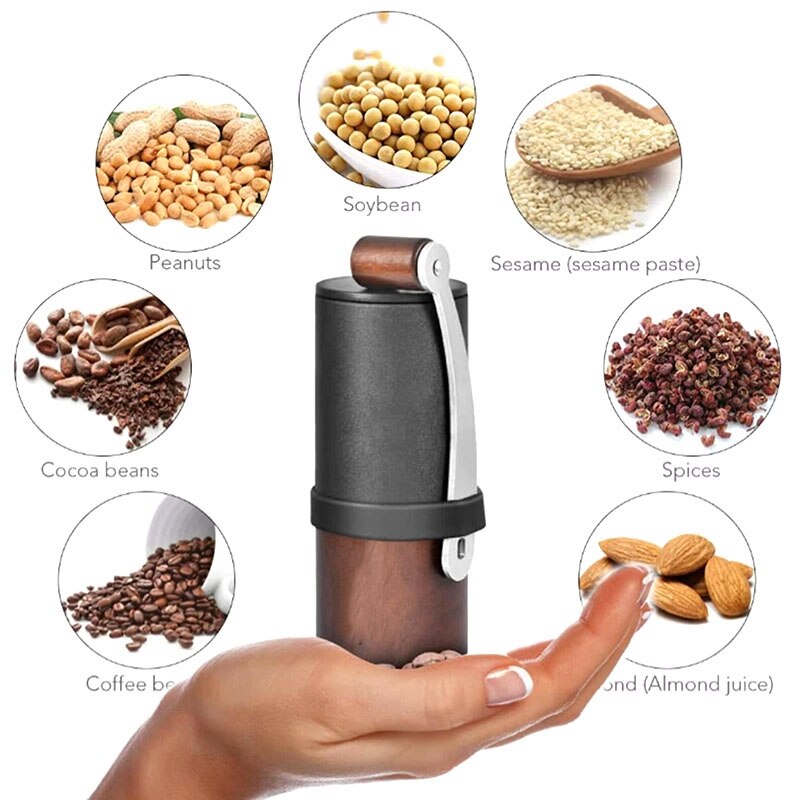 Handmatige koffiebonenmaler, mini houten juglans nigra roestvrijstalen molen draagbare reiskoffie