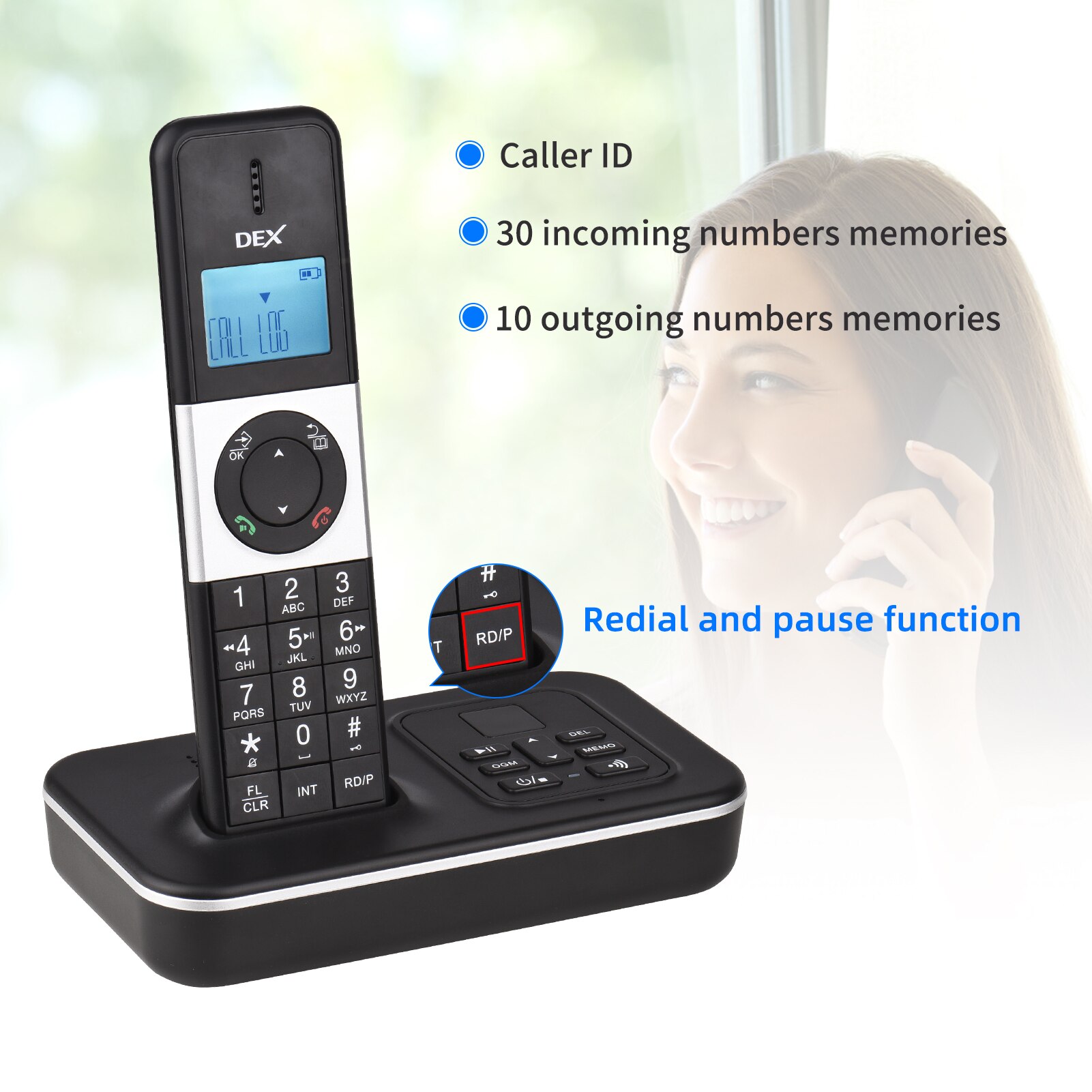 TAM-D D1002-teléfono inalámbrico con 2 dispositivos, dispositivo con respuesta automática, identificador de llamadas, espera de llamadas, pantalla LCD de 1,6 pulgadas, compatible con 16 idiomas