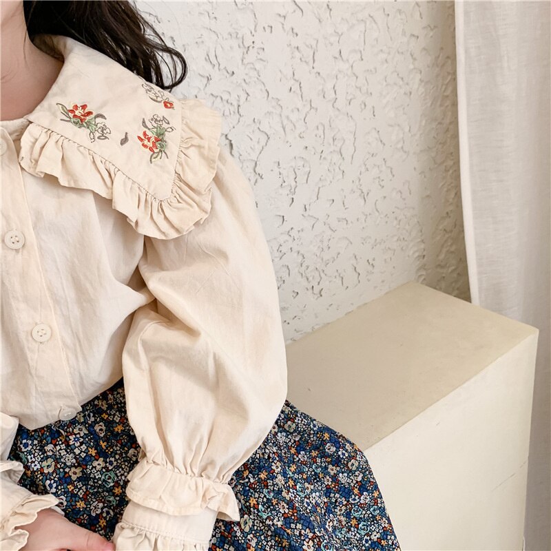Blusa informal de manga larga con cuello vuelto para Primavera, camisa con bordado de estilo coreano para niñas