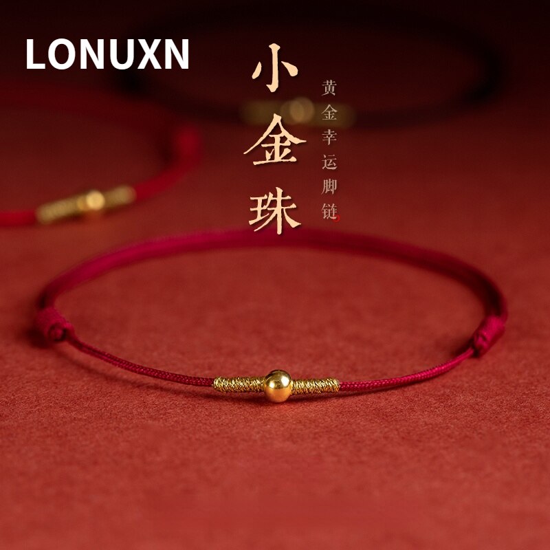 Real 999 24k Yellow Gold Anklet Women Round Beads Anklets Good Luck Charms Weaving for Women Hand-woven Red Rope