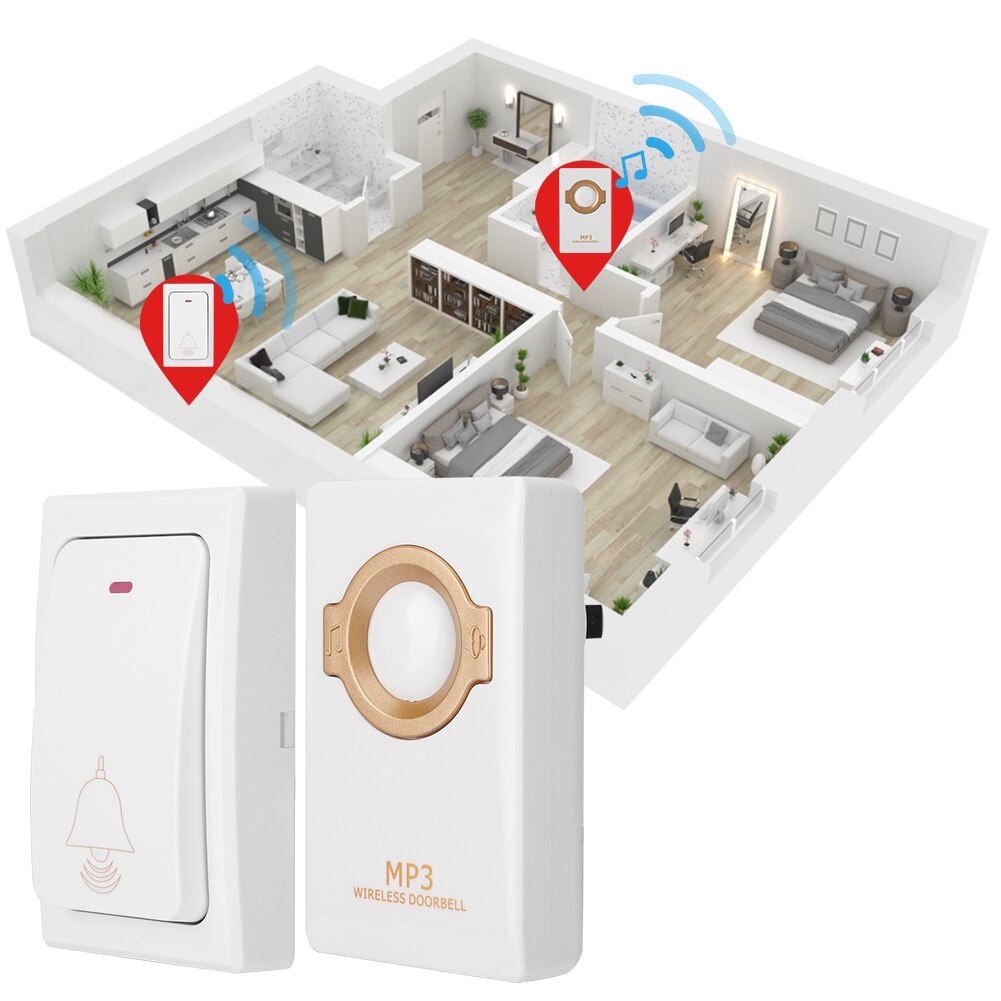 Juego de timbre MP3 inalámbrico con botón remoto autoalimentado + enchufe estadounidense del receptor 100-240V