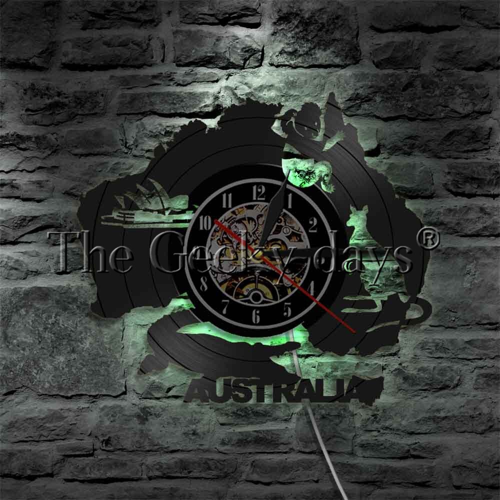 1Piece Australia Wall Clock Sydney Opera House Vinyl Record Clock Crocodile Koala Kangaroo Australian Factors Led Wall Light