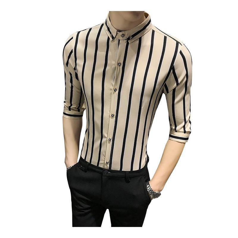 Sommer herre sort hvid stribet løs skjorte med 3/4 ærmer revers smoking skjorte herre tøj komfort top plus størrelse 5xl