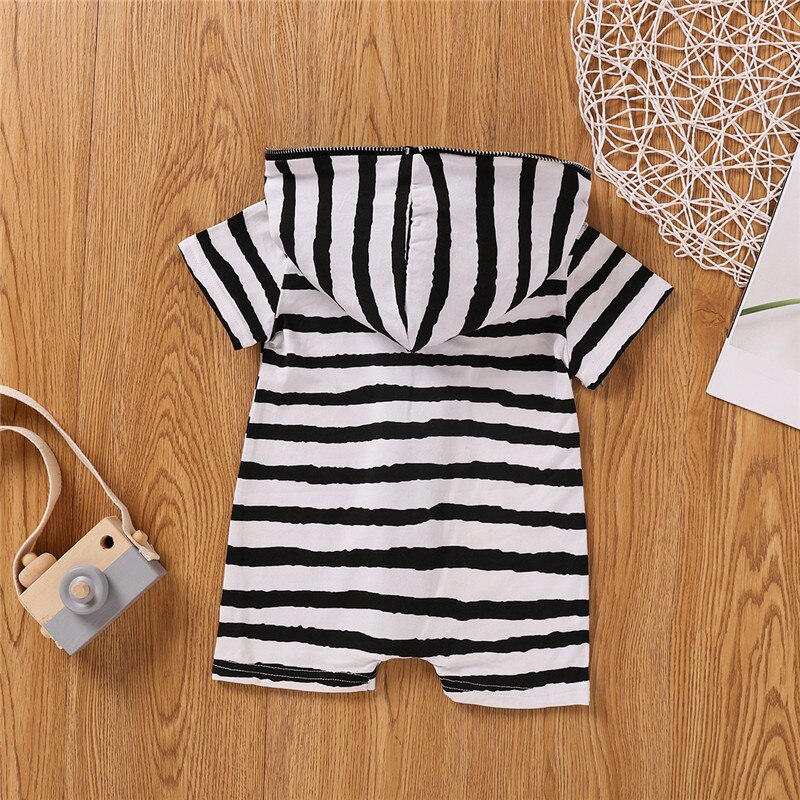 Infant Short Sleeve Romper Summer Baby Black White Stripe Patterns Zipper Open Front Hooded Jumpsuit for Boys and Girls