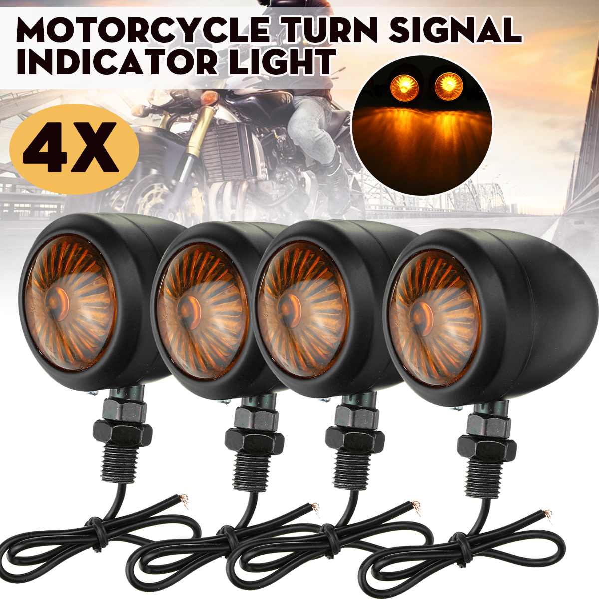 2/4 PCS Motorcycle Turn Signals Indicator Universal 12V Retro Motorbike Signal Lights Metal Blinkers Black Chrome