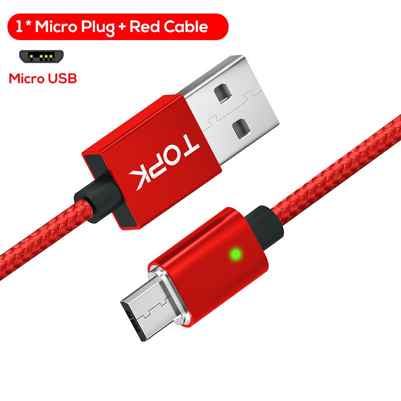 Topk f-line magnetisk mikro usb kabel & usb typ c kabel data sync nylon flätad led indikator magnet laddar kabel usb c: Röd mikrokabel / 2m