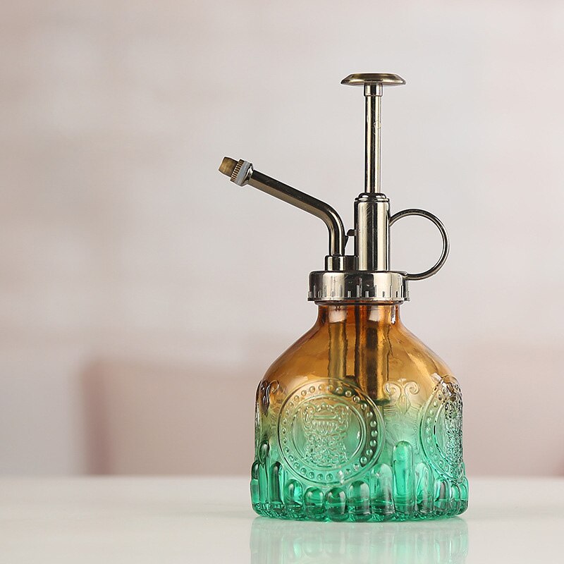 Regadera de vidrio de Color degradado con patrón en relieve, botella rociadora para el hogar para plantas y flores, Mini herramienta rociadora de jardín de 200ML: Brown Green