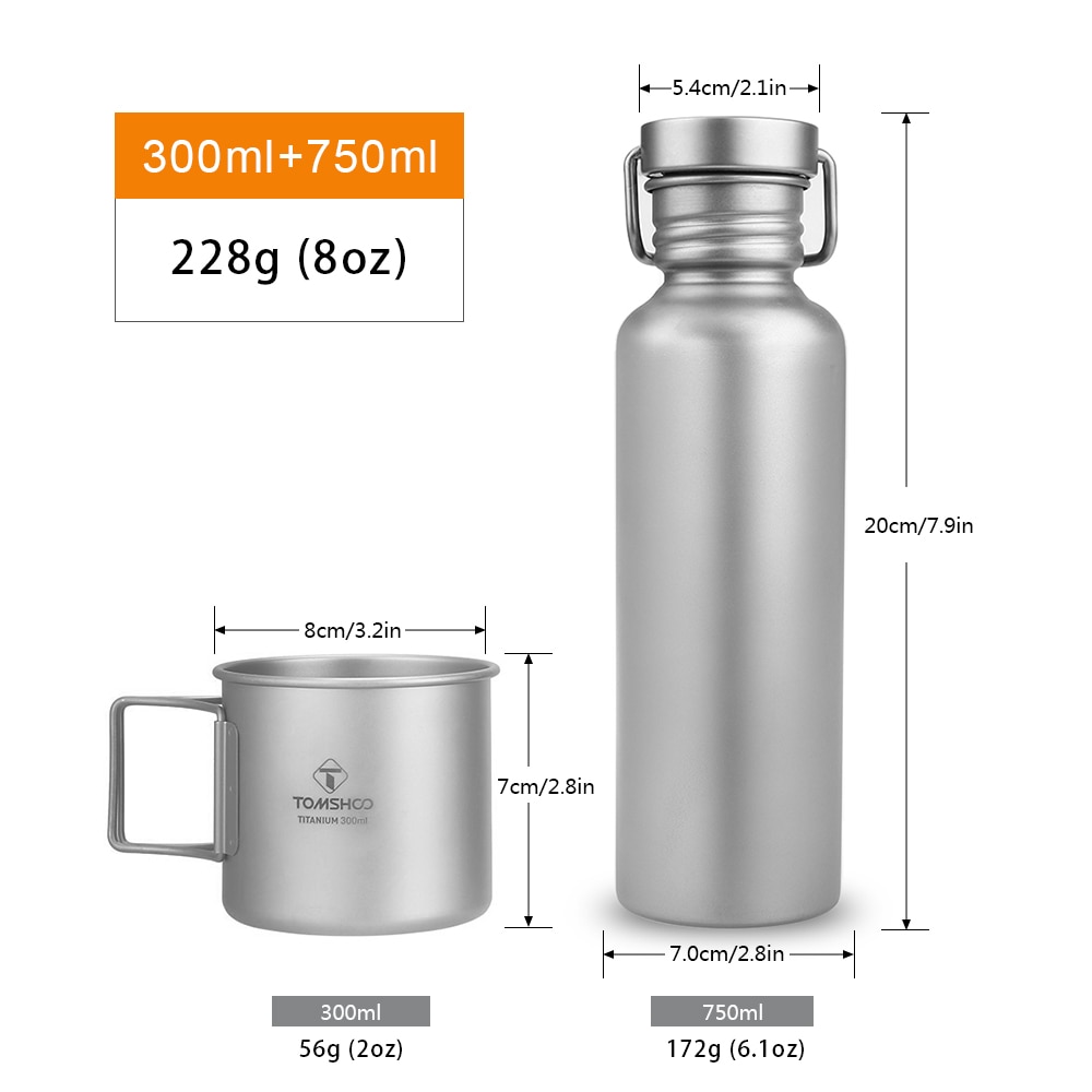 Tomshoo Full Titanium Water Fles Ultralight Outdoor Camping Wandelen Fietsen Water Bottle Met Extra Plastic Deksel: 300ML and 750ML
