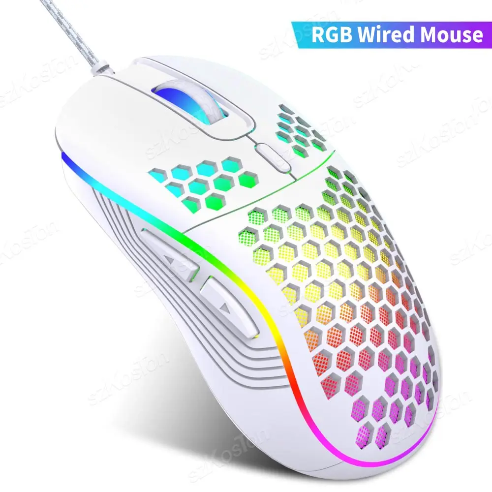 Wired/2.4G Wireless Mouse with RGB Backlit 6-button 3-speed DPI Type C Rechargeable Ergonomic Honeycomb Gaming Mouse: WHITE