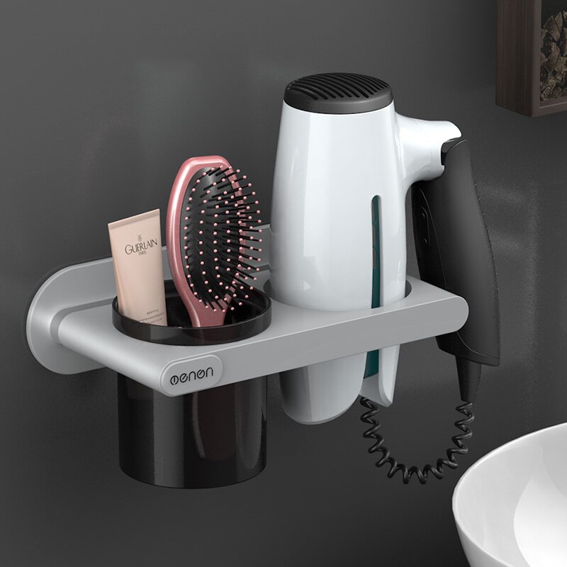 UNTIOR Plastic Föhn Houder met Storage Cup Wall Mount Föhn Plank Opslag Nail Gratis Slaapkamer Badkamer Accessoires Set: Gray1
