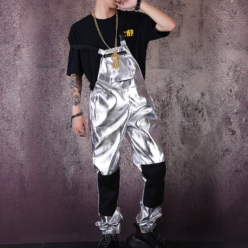 Men Hip Hop Punk Streetwear Silver Leather Overalls Jumpsuit Pant Male Women Casual Bib Pant Harem Trouser Stage Costume