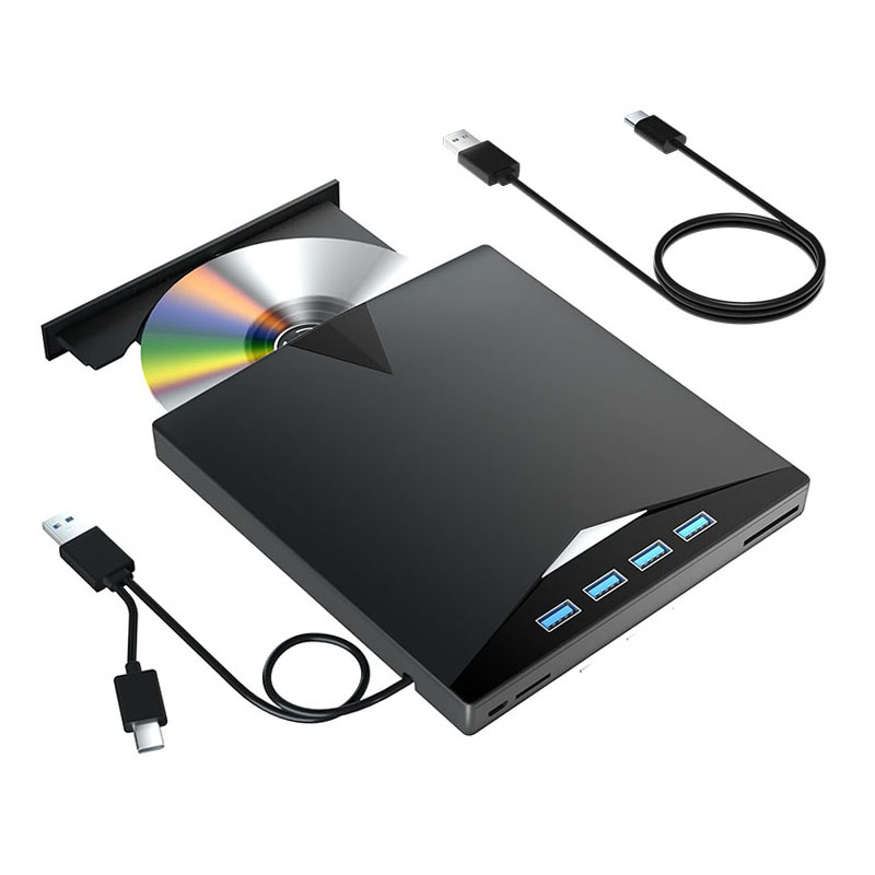 External CD DVD Drive with 4 USB Ports and 2 TF/SD Card Slots, USB 3.0 Portable CD/DVD Disk Drive Player Burner Reader Writer: black