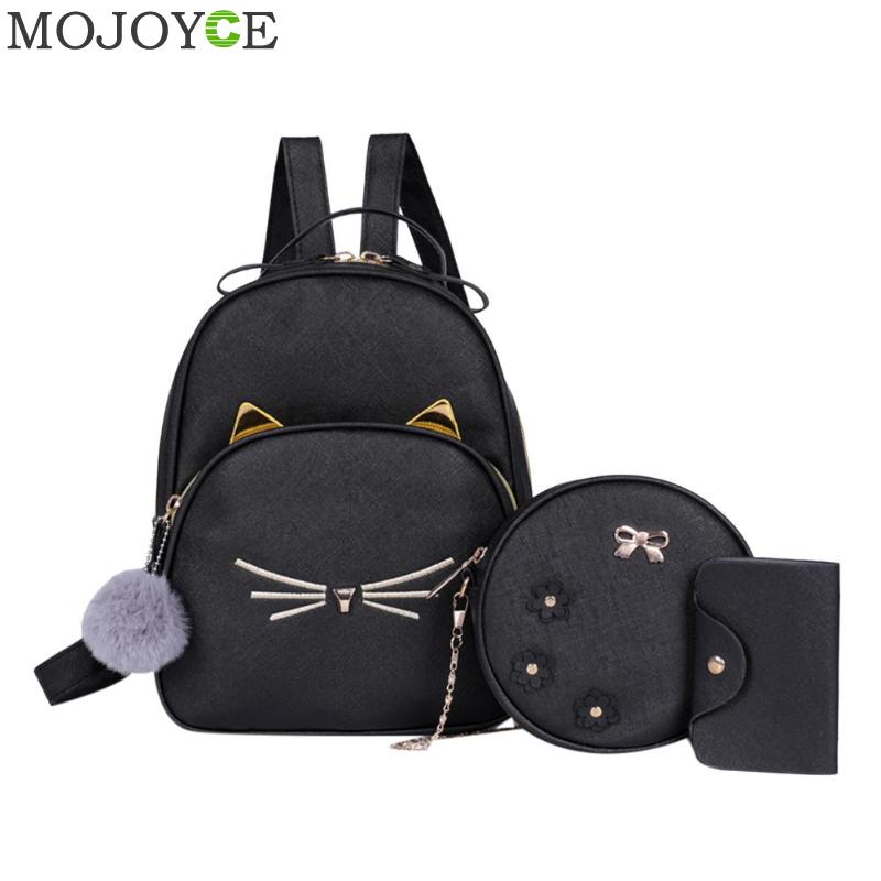 3 pçs/set Composite Sacos de Moda da Cópia Do Gato Cadeia Bolsas de Ombro Mulheres Mochilas de Viagem Casual Mochila De Couro PU