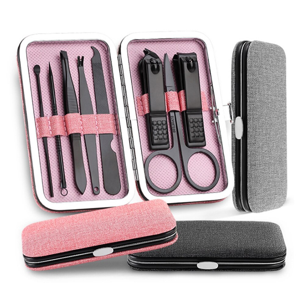 8 Stks/set Multifunctionele Nagelknipper Rvs Zwart Pedicure Scissor Tweezer Manicure Set Kit Nail Accessoires