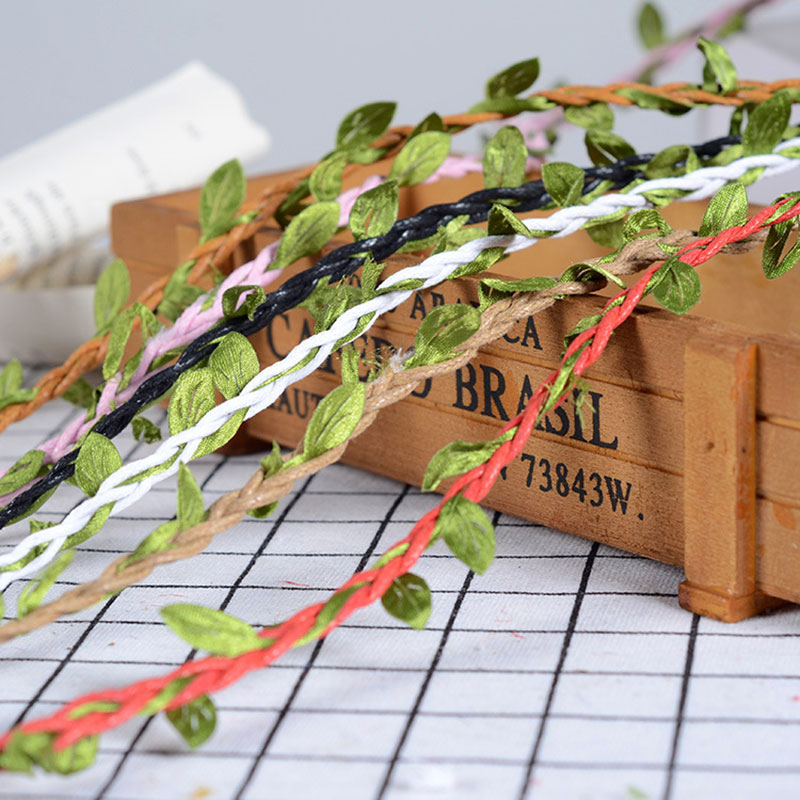 5 Meter/partij Natuurlijke Jute Touw 5Mm Jute Blad Lint Met Kunstmatige Wijnstok Groene Bladeren Diy Craft Vintage Voor Bruiloft party Decor
