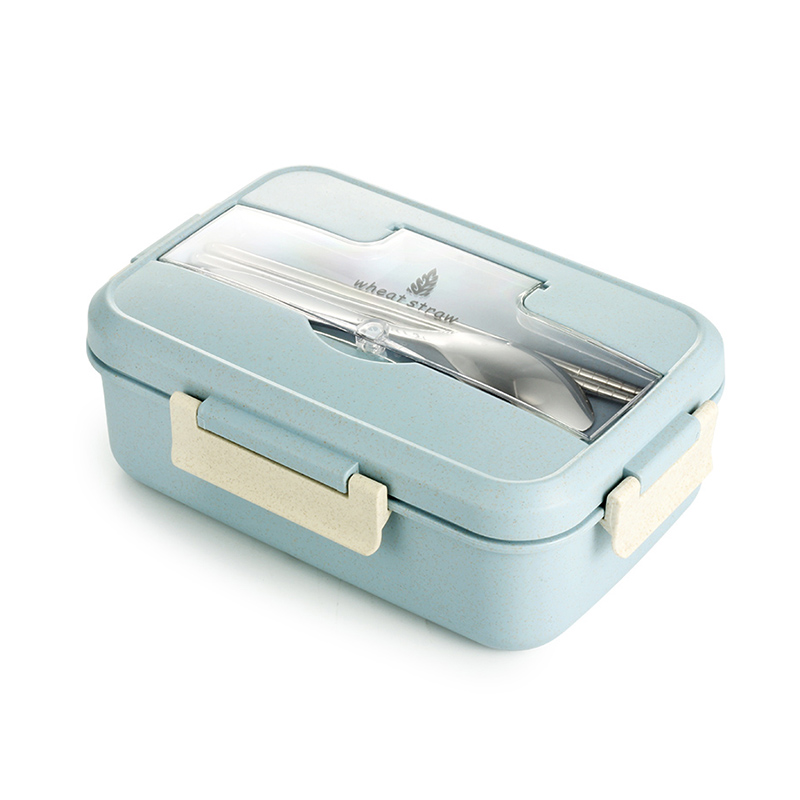 Microwave Lunch Box Wheat Straw Dinnerware with Spoon Chopsticks Food Storage Container Children Kids School Office Bento Box: lunch box blue