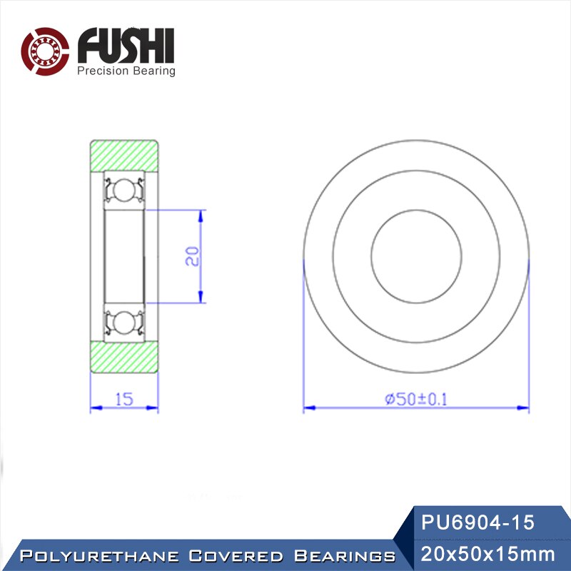 Cojinete cubierto de poliuretano PU 6904, 20x50x15mm (2 piezas), eje de 20mm, PU690450-15 cubierta de poliuretano, rodamientos PU6904