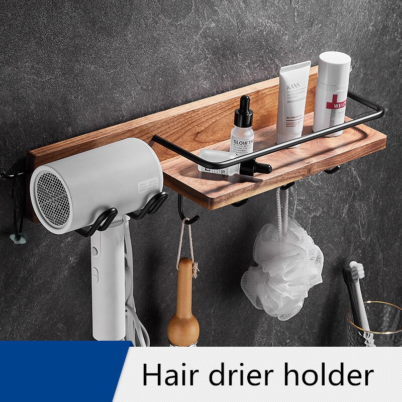 Juego de accesorios de baño, toallero negro de madera de nogal, soporte de papel higiénico, barra de toalla, gancho para Bata: hair dryer holder B