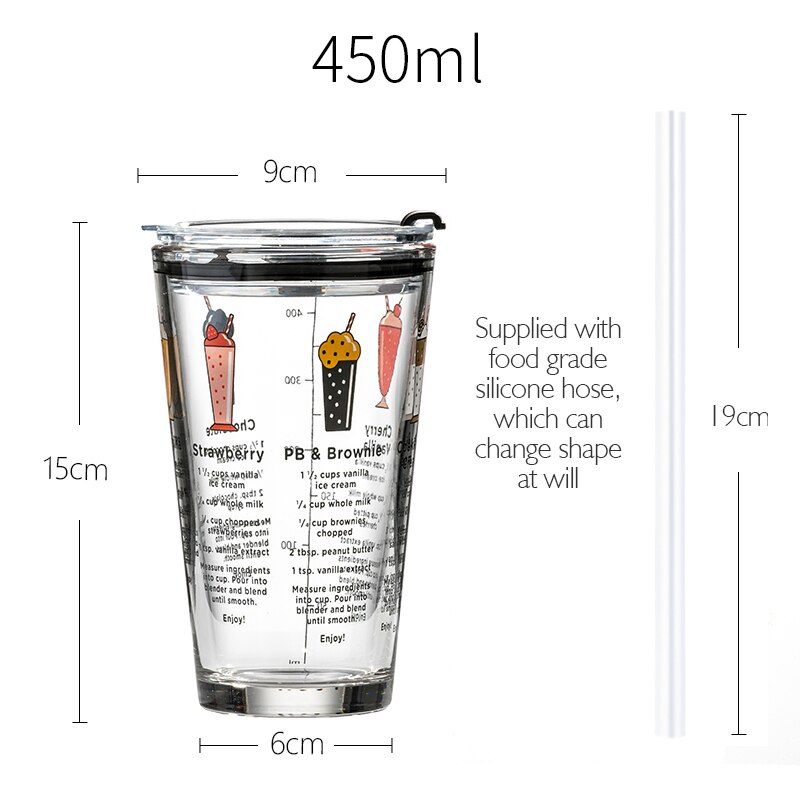 Vaso graduado de cristal con pajita, taza de leche, Graffiti, 450ml, juego de: Ice cream style