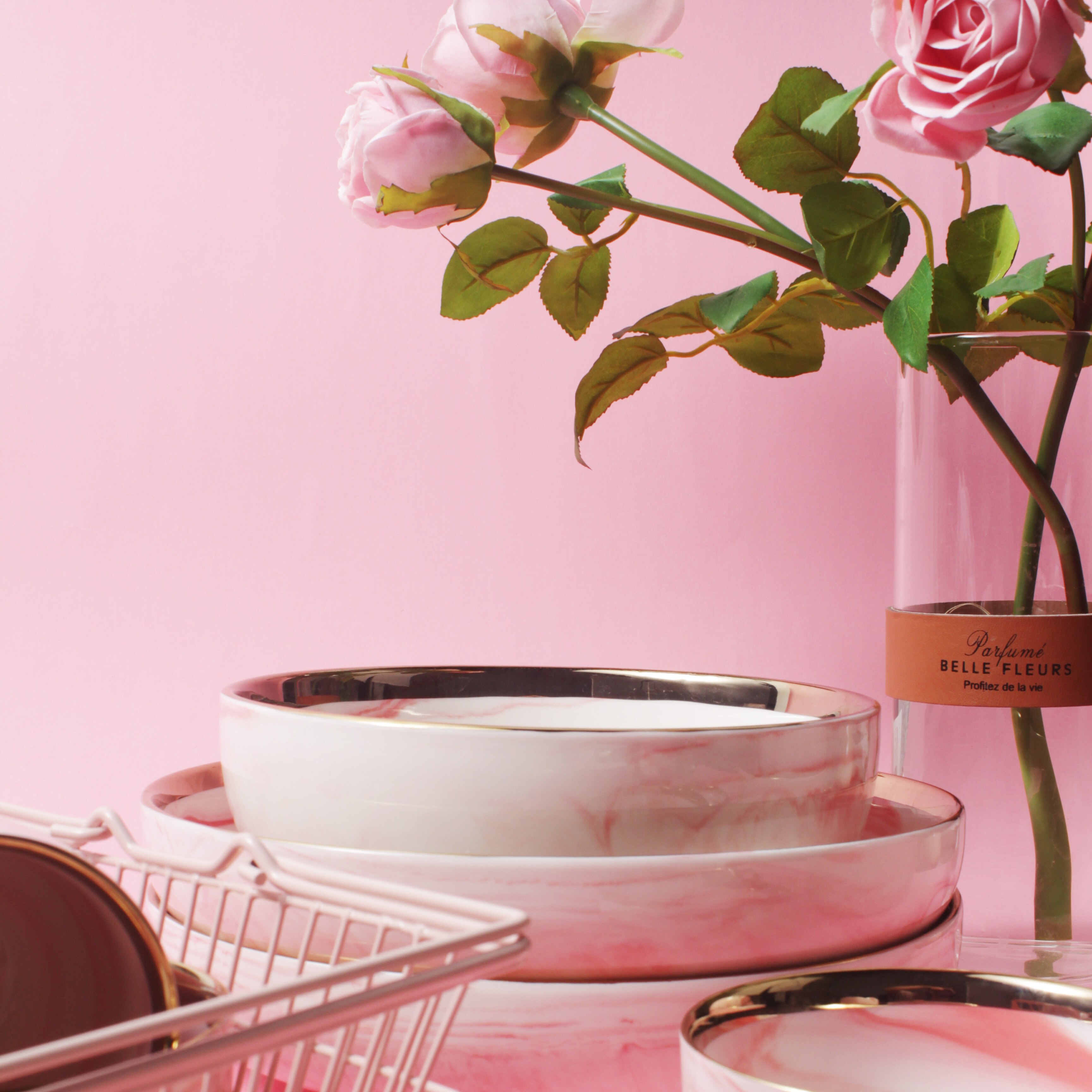 Vaaleanpunainen marmori keramiikka 1 kpl illallinen lautanen riisisalaatti nuudelit kulho keittolautaset astiasto setit kodin astiasto keittiön keittotyökalu