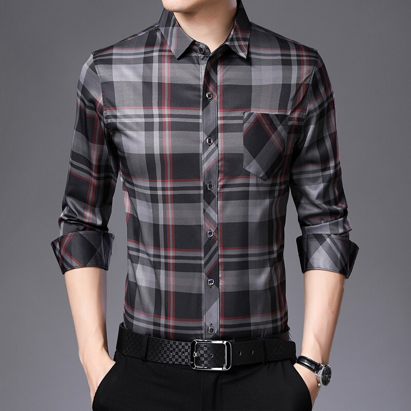 Miacawor Heren Shirts Lente Lange Mouw Slim Fit Camisa Masculina Business Casual Plaid Shirts Vintage Mannen Kleding C589: Grijs / Asian M