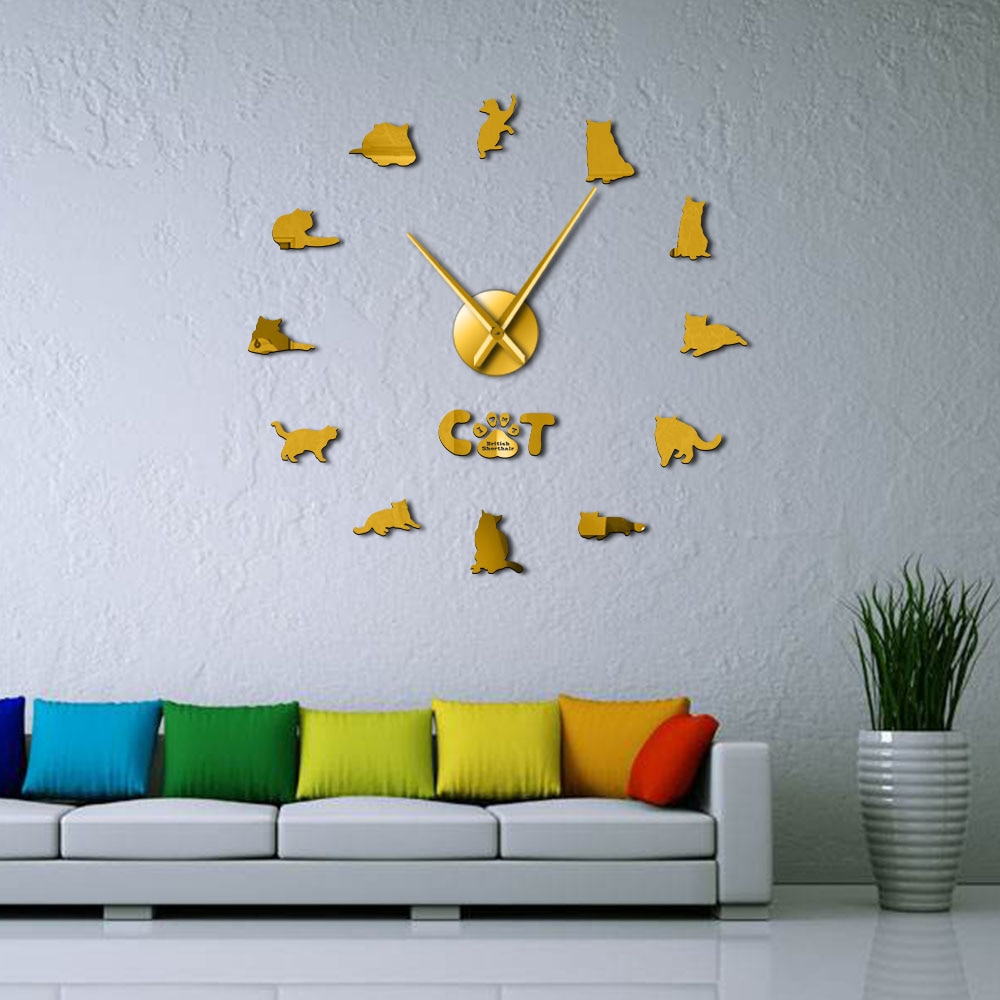 Britisk korthår kat wallsticker dekorativt gør-det-selv stort vægur grå kat rammeløs kat silhuet tal moderne ur ur