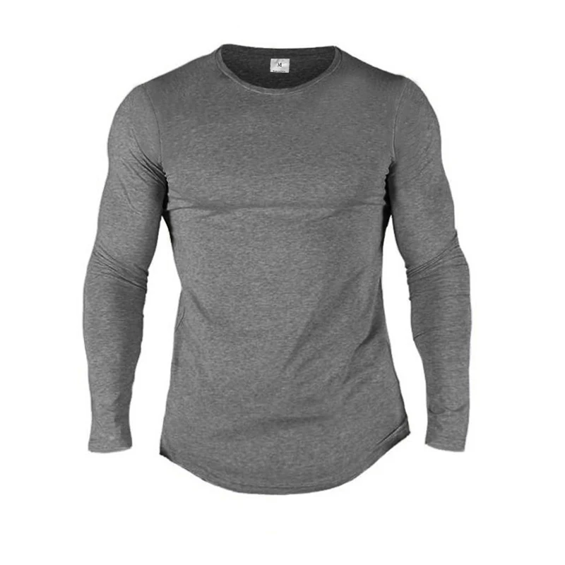 Ensfarvet bomuld åndbart langærmet tøj til fitness fitness bodybuilding sport t-shirts til mænd træning afslappet slim fit efterårsskjorter: M / Grå