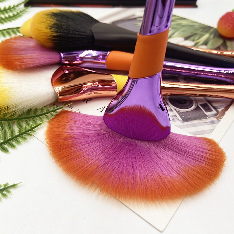 Zzdog 1 stk store makeup børster fluffy vifteformet ansigt kosmetisk skønhedsværktøj metal håndtag pudder fjern børste