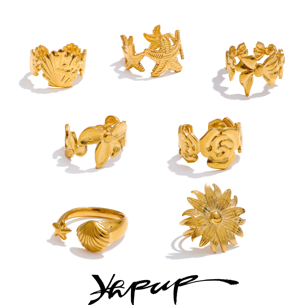 Anillo chapado en PVD de Color dorado ajustable abierto con flor de océano Yhpup para mujer, joyería de acero inoxidable a la , accesorios al por mayor